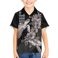 Hawaiian Turtle Love Couple Family Matching Short Sleeve Bodycon Dress and Hawaiian Shirt - Sweet Hibiscus and Kakau Pattern Grayscale Color