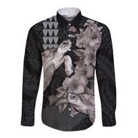 Hawaiian Turtle Love Couple Long Sleeve Button Shirt - Sweet Hibiscus and Kakau Pattern Grayscale Color LT03 Unisex Black - Polynesian Pride