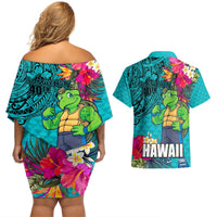 Hawaii Great Aloha Run 40th Anniversary Couples Matching Off Shoulder Short Dress and Hawaiian Shirt With Turtle Mascot Marathon Hibiscus and Kakau LT03 - Polynesian Pride