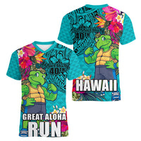 Hawaii Great Aloha Run 40th Anniversary Women V Neck T Shirt With Turtle Mascot Marathon Hibiscus and Kakau LT03 - Polynesian Pride