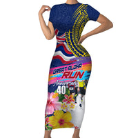 Hawaii Great Aloha Run 40th Anniversary Short Sleeve Bodycon Dress Hibiscus and Kakau Pattern LT03 Long Dress Blue - Polynesian Pride