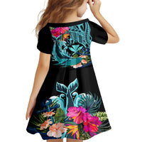 Hawaii Kid Short Sleeve Dress Whale Mix Hibiscus and Kanaka Maoli LT03 - Polynesian Pride