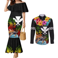 Hawaii Lei Day Couples Matching Mermaid Dress and Long Sleeve Button Shirt Hibiscus Wreath and Polynesian Pattern LT03 Black - Polynesian Pride