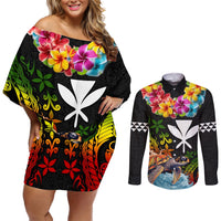 Hawaii Lei Day Couples Matching Off Shoulder Short Dress and Long Sleeve Button Shirt Hibiscus Wreath and Polynesian Pattern LT03 Black - Polynesian Pride