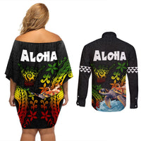 Hawaii Lei Day Couples Matching Off Shoulder Short Dress and Long Sleeve Button Shirt Hibiscus Wreath and Polynesian Pattern LT03 - Polynesian Pride