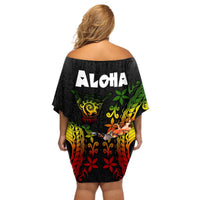 Hawaii Lei Day Off Shoulder Short Dress Hibiscus Wreath and Polynesian Pattern LT03 - Polynesian Pride