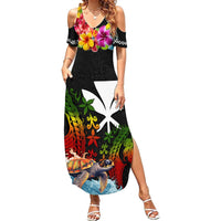 Hawaii Lei Day Summer Maxi Dress Hibiscus Wreath and Polynesian Pattern