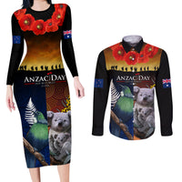 Australia and New Zealand ANZAC Day Couples Matching Long Sleeve Bodycon Dress and Long Sleeve Button Shirt Tui Bird and Koala mix Maori and Aboriginal Pattern LT03 Black - Polynesian Pride