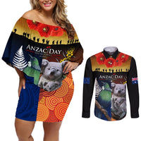 Australia and New Zealand ANZAC Day Couples Matching Off Shoulder Short Dress and Long Sleeve Button Shirt Tui Bird and Koala mix Maori and Aboriginal Pattern LT03 Black - Polynesian Pride