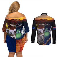 Australia and New Zealand ANZAC Day Couples Matching Off Shoulder Short Dress and Long Sleeve Button Shirt Tui Bird and Koala mix Maori and Aboriginal Pattern LT03 - Polynesian Pride