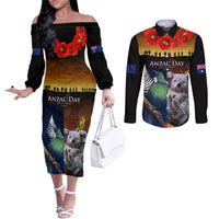 Australia and New Zealand ANZAC Day Couples Matching Off The Shoulder Long Sleeve Dress and Long Sleeve Button Shirt Tui Bird and Koala mix Maori and Aboriginal Pattern LT03 Black - Polynesian Pride