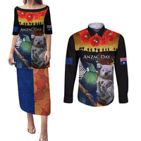Australia and New Zealand ANZAC Day Couples Matching Puletasi and Long Sleeve Button Shirt Tui Bird and Koala mix Maori and Aboriginal Pattern LT03 Black - Polynesian Pride