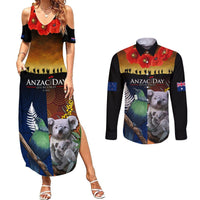 Australia and New Zealand ANZAC Day Couples Matching Summer Maxi Dress and Long Sleeve Button Shirt Tui Bird and Koala mix Maori and Aboriginal Pattern LT03 Black - Polynesian Pride