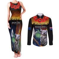 Australia and New Zealand ANZAC Day Couples Matching Tank Maxi Dress and Long Sleeve Button Shirt Tui Bird and Koala mix Maori and Aboriginal Pattern LT03 Black - Polynesian Pride