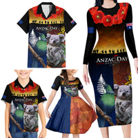 Australia and New Zealand ANZAC Day Family Matching Long Sleeve Bodycon Dress and Hawaiian Shirt Tui Bird and Koala mix Maori and Aboriginal Pattern LT03 - Polynesian Pride