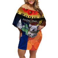 Australia and New Zealand ANZAC Day Family Matching Off Shoulder Short Dress and Hawaiian Shirt Tui Bird and Koala mix Maori and Aboriginal Pattern LT03 Mom's Dress Black - Polynesian Pride
