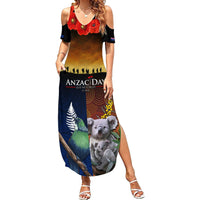 Australia and New Zealand ANZAC Day Family Matching Summer Maxi Dress and Hawaiian Shirt Tui Bird and Koala mix Maori and Aboriginal Pattern LT03 Mom's Dress Black - Polynesian Pride