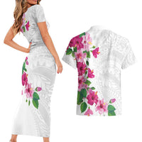 Hawaiian Hibiscus and Art Polynesian Tattoo Couples Matching Short Sleeve Bodycon Dress and Hawaiian Shirt White Color LT03 - Polynesian Pride