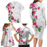 Hawaiian Hibiscus and Art Polynesian Tattoo Family Matching Long Sleeve Bodycon Dress and Hawaiian Shirt White Color LT03 - Polynesian Pride