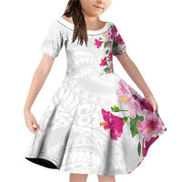 Hawaiian Hibiscus and Art Polynesian Tattoo Family Matching Off Shoulder Short Dress and Hawaiian Shirt White Color LT03 Daughter's Dress White - Polynesian Pride