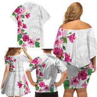 Hawaiian Hibiscus and Art Polynesian Tattoo Family Matching Off Shoulder Short Dress and Hawaiian Shirt White Color LT03 - Polynesian Pride