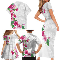 Hawaiian Hibiscus and Art Polynesian Tattoo Family Matching Short Sleeve Bodycon Dress and Hawaiian Shirt White Color LT03 - Polynesian Pride