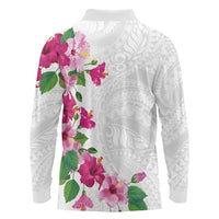 Hawaiian Hibiscus and Art Polynesian Tattoo Long Sleeve Polo Shirt White Color