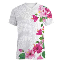 Hawaiian Hibiscus and Art Polynesian Tattoo Women V-Neck T-Shirt White Color
