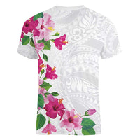 Hawaiian Hibiscus and Art Polynesian Tattoo Women V-Neck T-Shirt White Color