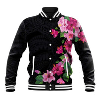 Hawaiian Hibiscus and Art Polynesian Tattoo Baseball Jacket Black Color