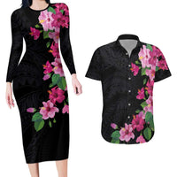 Hawaiian Hibiscus and Art Polynesian Tattoo Couples Matching Long Sleeve Bodycon Dress and Hawaiian Shirt Black Color LT03 Black - Polynesian Pride