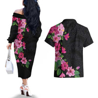 Hawaiian Hibiscus and Art Polynesian Tattoo Couples Matching Off The Shoulder Long Sleeve Dress and Hawaiian Shirt Black Color LT03 - Polynesian Pride