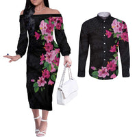 Hawaiian Hibiscus and Art Polynesian Tattoo Couples Matching Off The Shoulder Long Sleeve Dress and Long Sleeve Button Shirt Black Color LT03 Black - Polynesian Pride