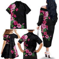 Hawaiian Hibiscus and Art Polynesian Tattoo Family Matching Off The Shoulder Long Sleeve Dress and Hawaiian Shirt Black Color LT03 - Polynesian Pride