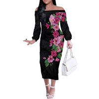 Hawaiian Hibiscus and Art Polynesian Tattoo Family Matching Off The Shoulder Long Sleeve Dress and Hawaiian Shirt Black Color LT03 Mom's Dress Black - Polynesian Pride