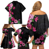 Hawaiian Hibiscus and Art Polynesian Tattoo Family Matching Off Shoulder Short Dress and Hawaiian Shirt Black Color LT03 - Polynesian Pride