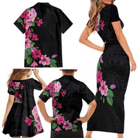 Hawaiian Hibiscus and Art Polynesian Tattoo Family Matching Short Sleeve Bodycon Dress and Hawaiian Shirt Black Color LT03 - Polynesian Pride