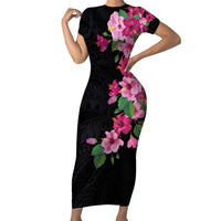 Hawaiian Hibiscus and Art Polynesian Tattoo Family Matching Short Sleeve Bodycon Dress and Hawaiian Shirt Black Color LT03 Mom's Dress Black - Polynesian Pride