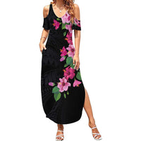 Hawaiian Hibiscus and Art Polynesian Tattoo Family Matching Summer Maxi Dress and Hawaiian Shirt Black Color LT03 Mom's Dress Black - Polynesian Pride