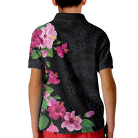 Hawaiian Hibiscus and Art Polynesian Tattoo Kid Polo Shirt Black Color