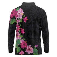 Hawaiian Hibiscus and Art Polynesian Tattoo Long Sleeve Polo Shirt Black Color