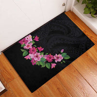 Hawaiian Hibiscus and Art Polynesian Tattoo Rubber Doormat Black Color