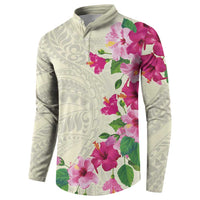 Hawaiian Hibiscus and Art Polynesian Tattoo Button Sweatshirt Beige Color