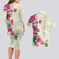 Hawaiian Hibiscus and Art Polynesian Tattoo Couples Matching Long Sleeve Bodycon Dress and Hawaiian Shirt Beige Color LT03 - Polynesian Pride