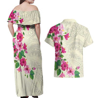 Hawaiian Hibiscus and Art Polynesian Tattoo Couples Matching Off Shoulder Maxi Dress and Hawaiian Shirt Beige Color LT03 - Polynesian Pride