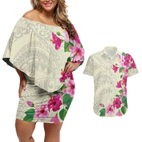 Hawaiian Hibiscus and Art Polynesian Tattoo Couples Matching Off Shoulder Short Dress and Hawaiian Shirt Beige Color LT03 Beige - Polynesian Pride