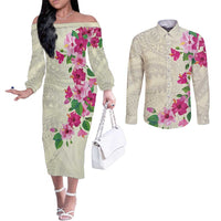 Hawaiian Hibiscus and Art Polynesian Tattoo Couples Matching Off The Shoulder Long Sleeve Dress and Long Sleeve Button Shirt Beige Color LT03 Beige - Polynesian Pride