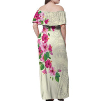 Hawaiian Hibiscus and Art Polynesian Tattoo Family Matching Off Shoulder Maxi Dress and Hawaiian Shirt Beige Color LT03 - Polynesian Pride