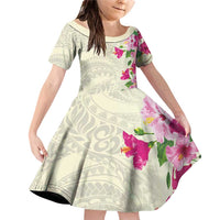 Hawaiian Hibiscus and Art Polynesian Tattoo Family Matching Off Shoulder Short Dress and Hawaiian Shirt Beige Color LT03 Daughter's Dress Beige - Polynesian Pride