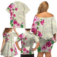 Hawaiian Hibiscus and Art Polynesian Tattoo Family Matching Off Shoulder Short Dress and Hawaiian Shirt Beige Color LT03 - Polynesian Pride